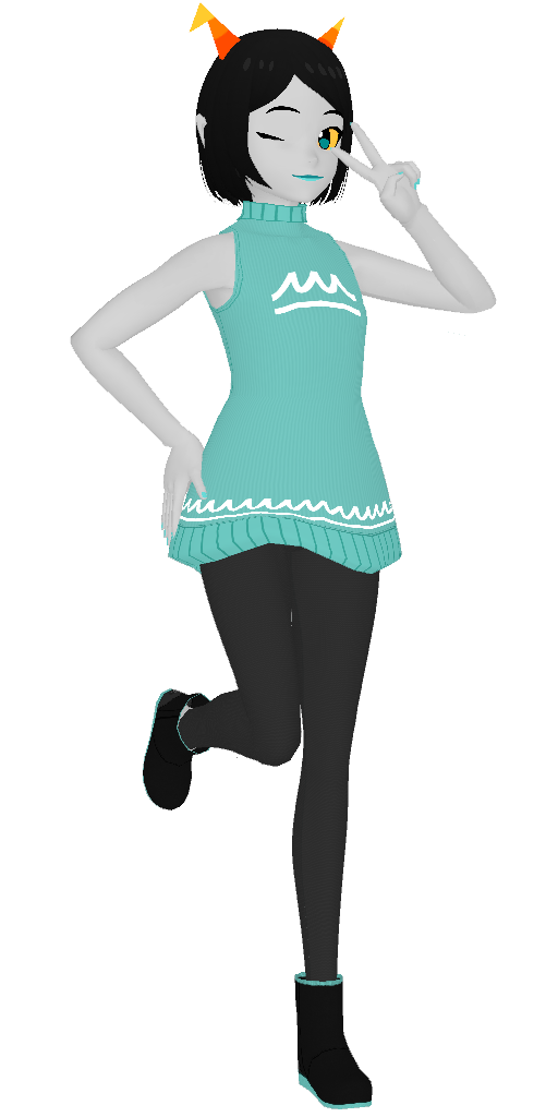 Icetal Borris in a sleeveless sweater dress, leggings and ugg boots. she is winking at the camera, throwing a peace sign in front of her eye and lifting one leg back.