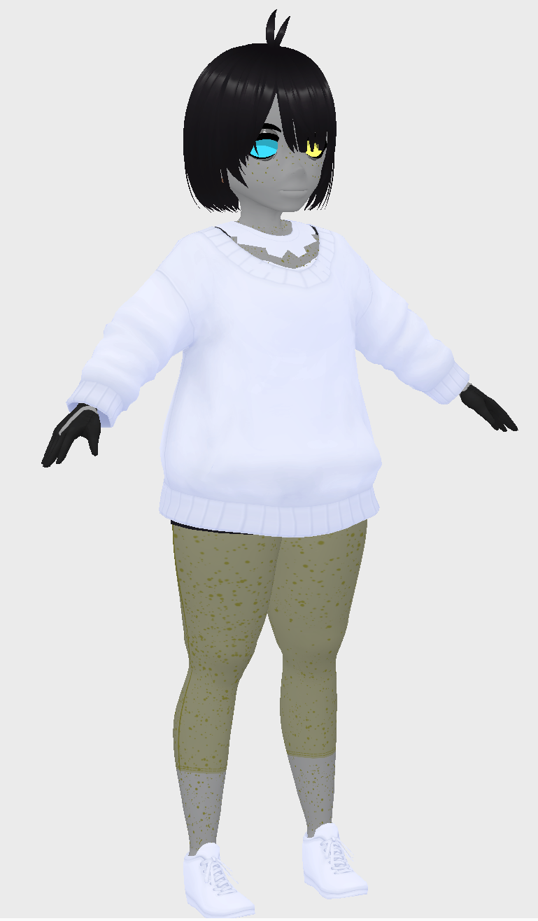 a work in progress vroid image, demonstrating what i was capable with by making her chubby.